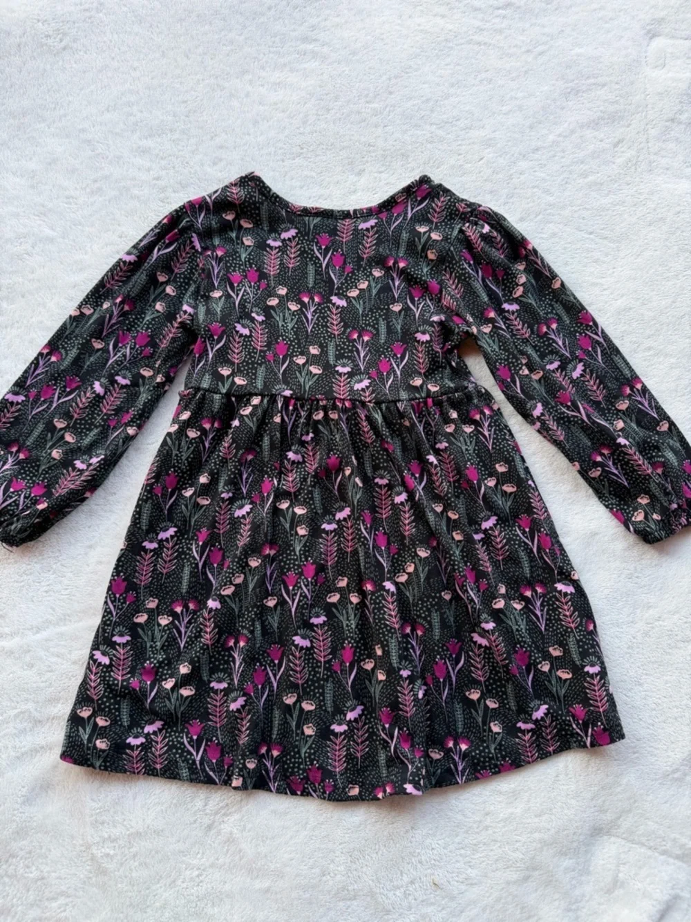 Girls' Black Floral Long-Sleeve Casual Dress with Pink Accents Size 3T